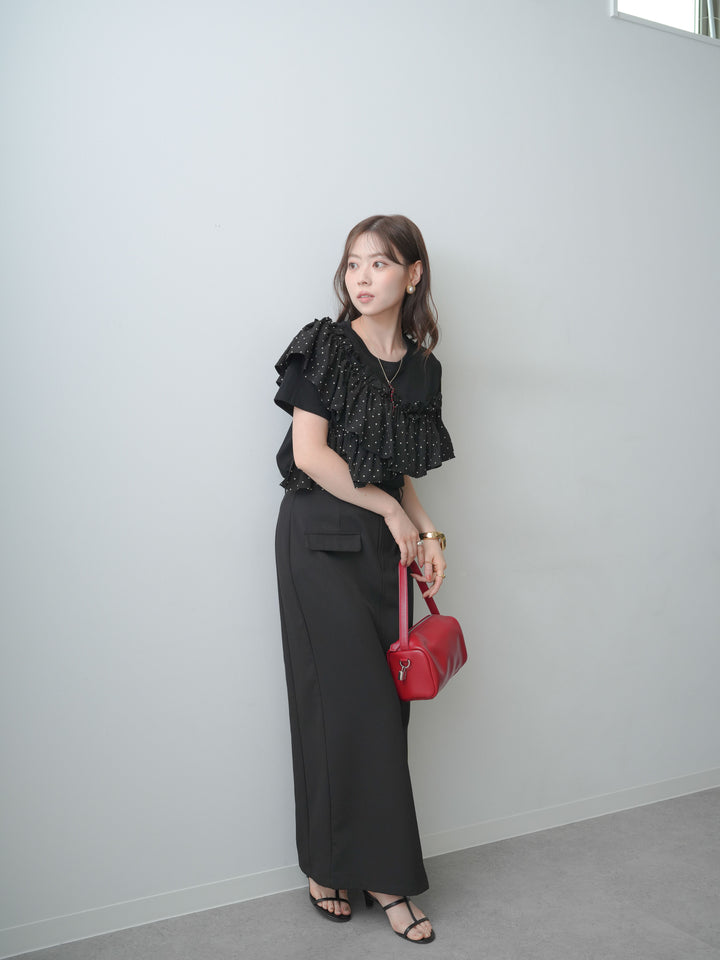 [SET]ドットギャザーフリルデザインTEE+クレープデシンフラップ付きストレートスカート(2set)