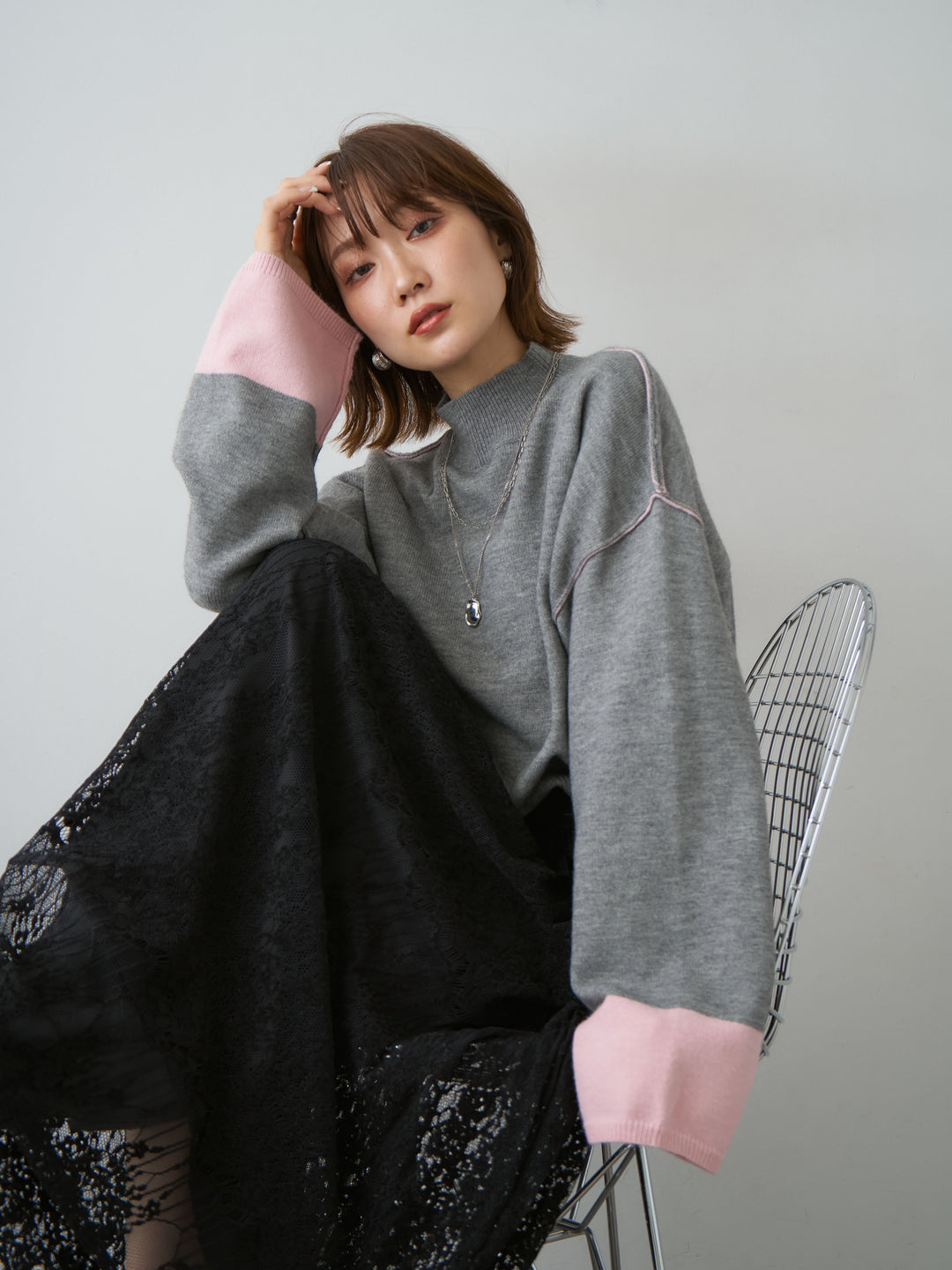 [予約]バイカラートリムワイドハイネックニットトップス/mokugray