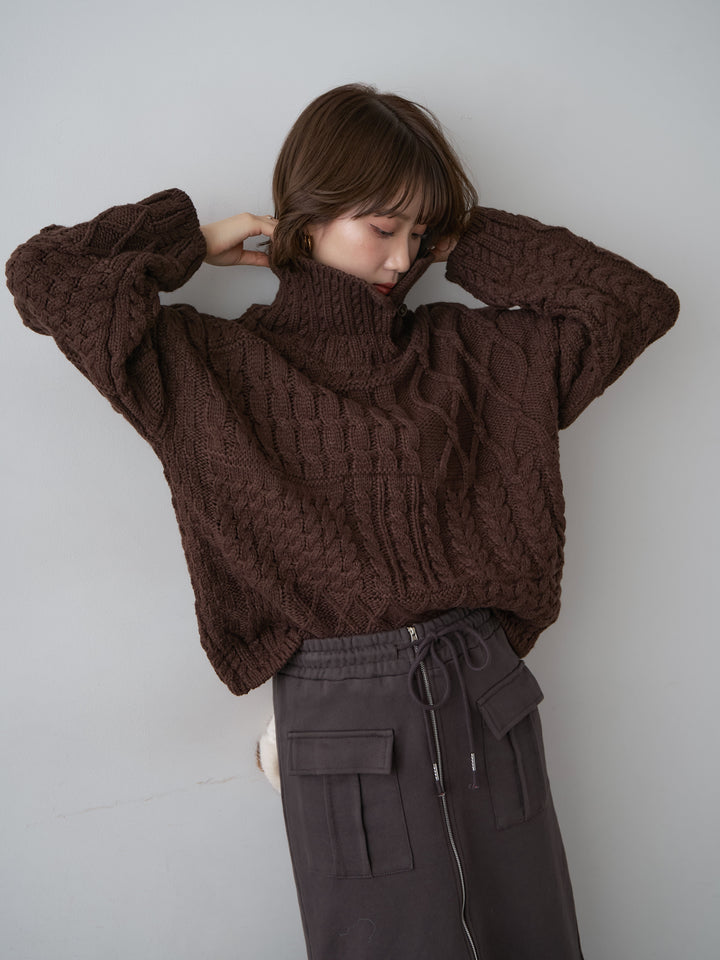 [予約]ネックボタンミックスケーブルニットトップス/brown
