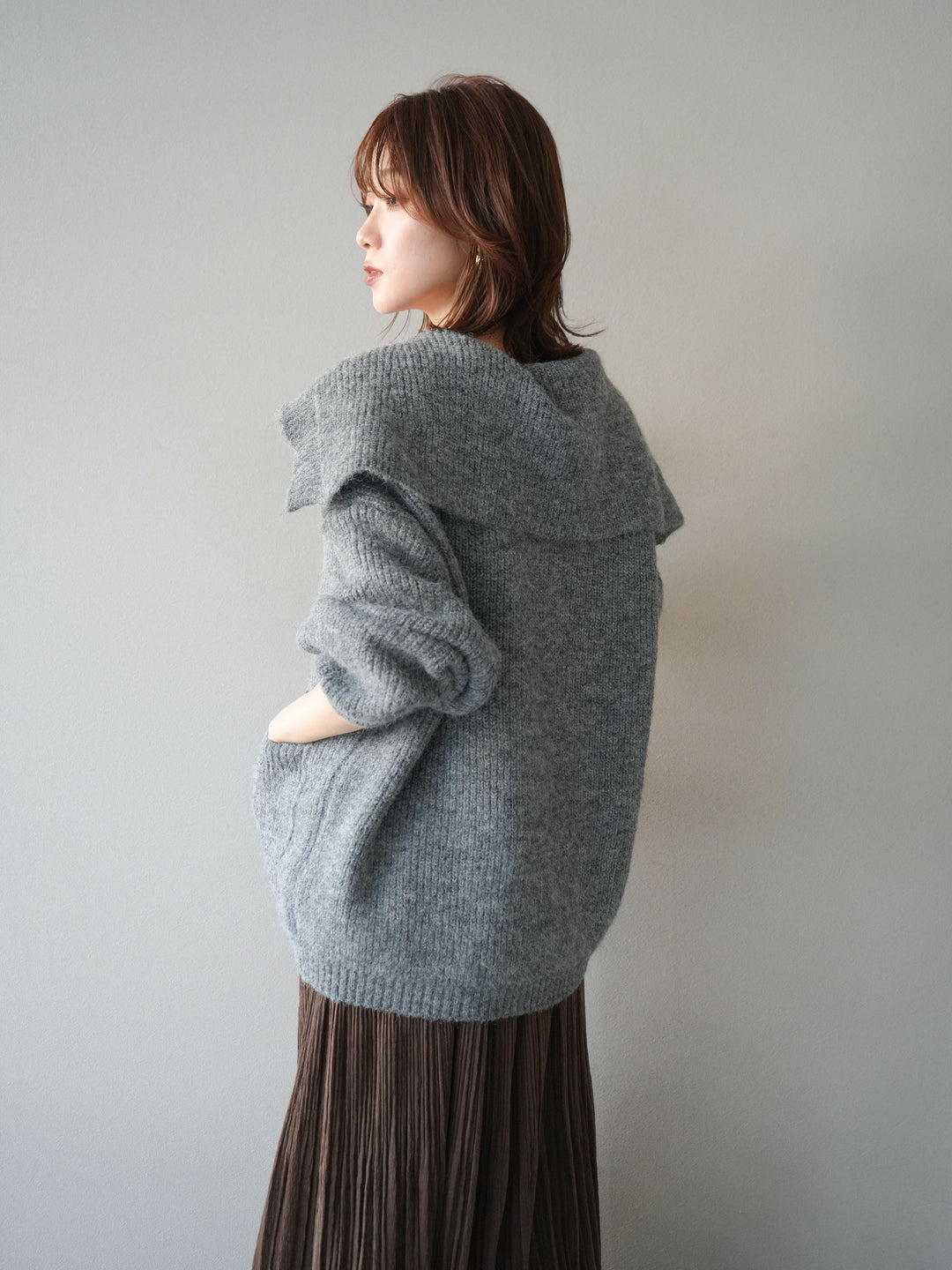 [予約]襟付きボタンオーバーニットカーディガン/gray