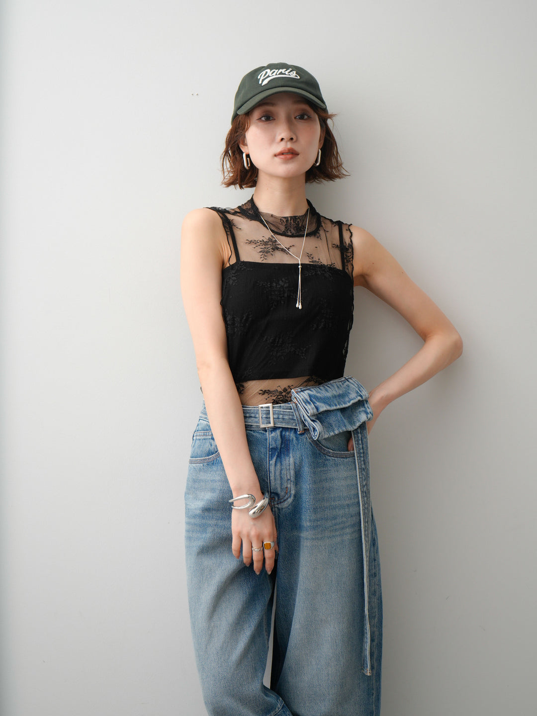 [予約]シースルーストレッチレースノースリトップス/black