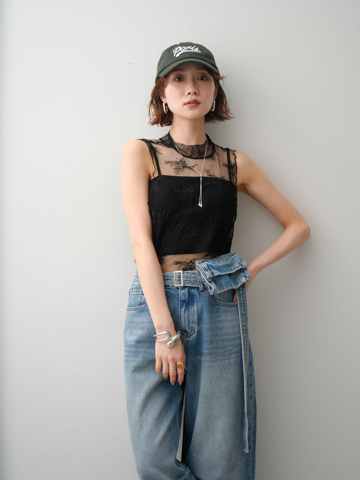 [予約]シースルーストレッチレースノースリトップス/black