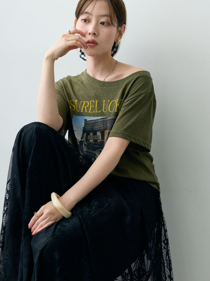 [SET]ワイドネックプリントTEE+ボタニカルパネルレースフレアスカート(2set)