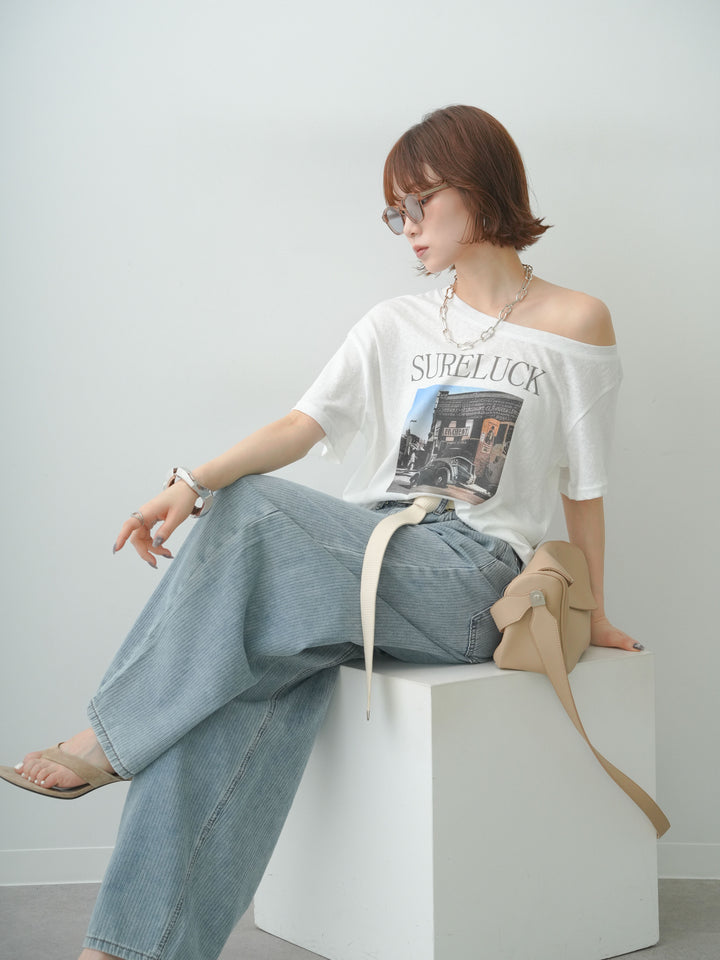 [SET]ワイドネックプリントTEE+ショルダータックノースリーブオーバーTEE(2set)