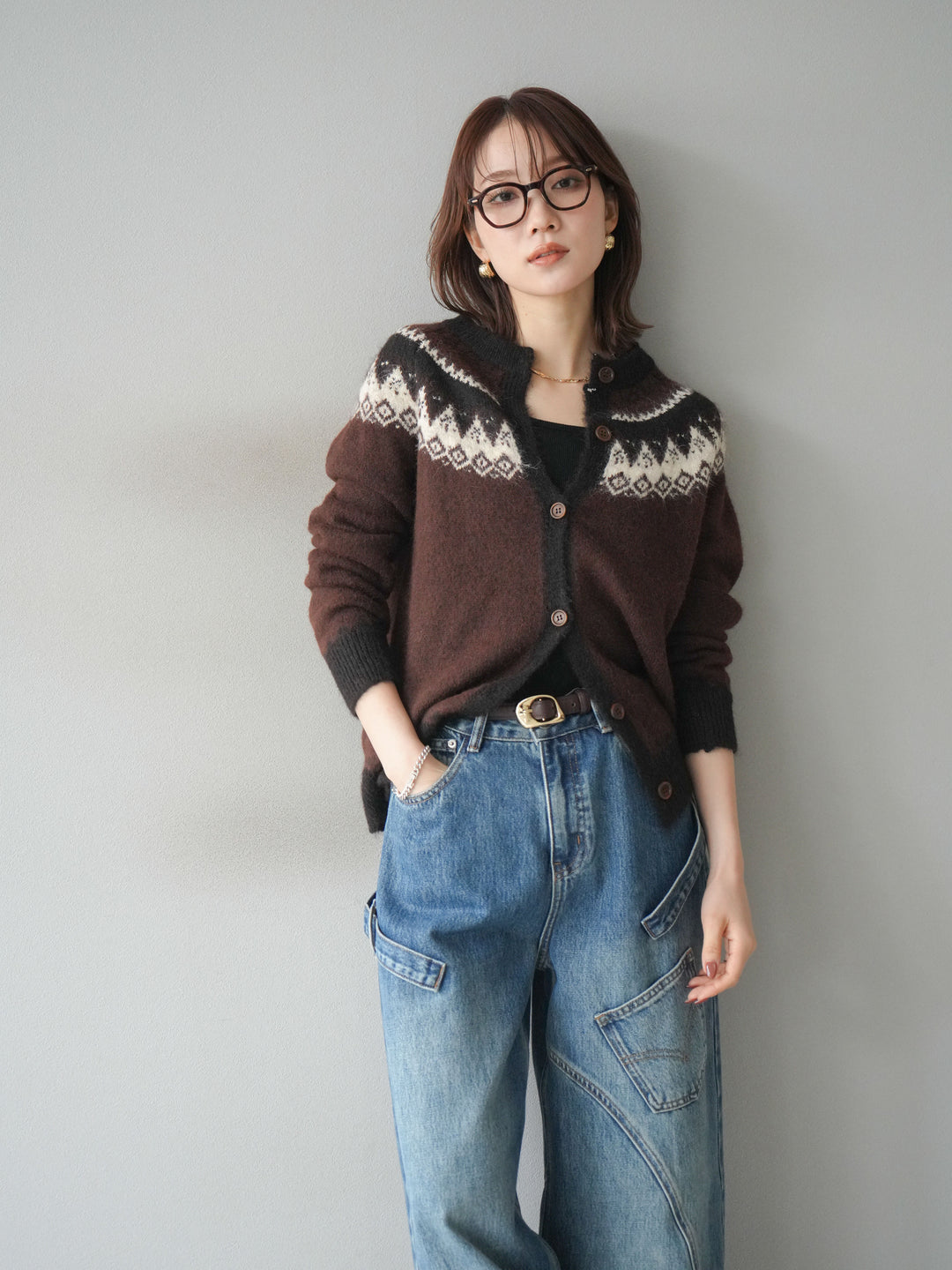 [SET]ノルディック柄ニットカーディガン+ペインターカーブデニムパンツ(2set)