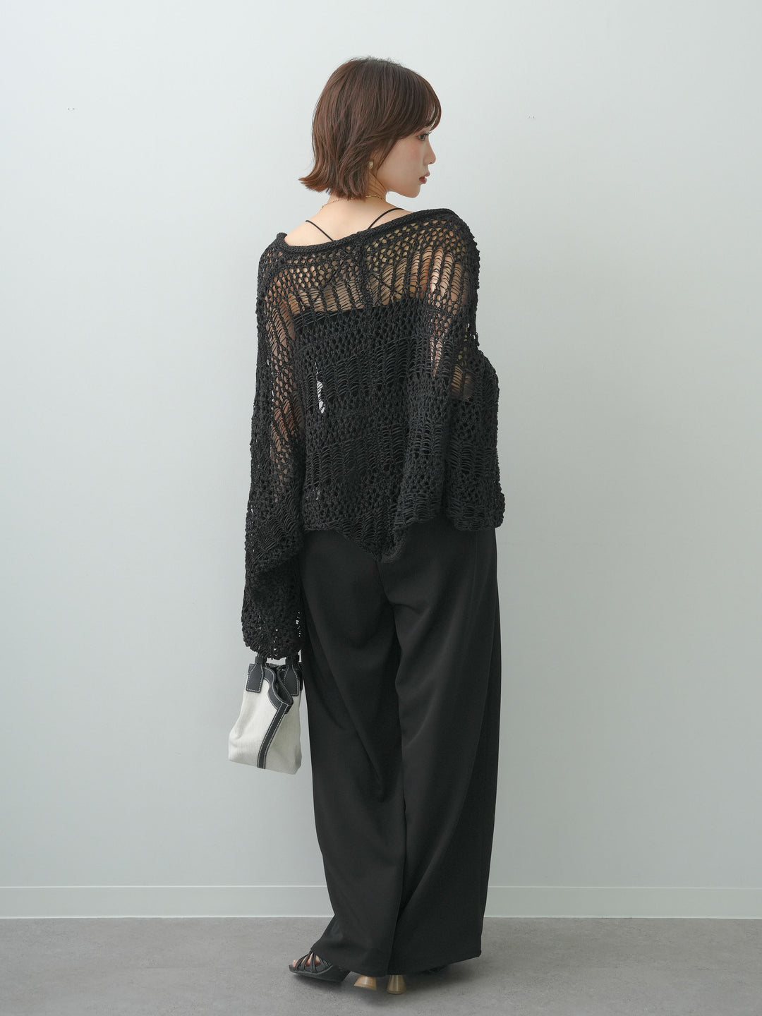 [SET]ミックスメッシュニットボレロ+クレープデシンタックワイドパンツ(2set)