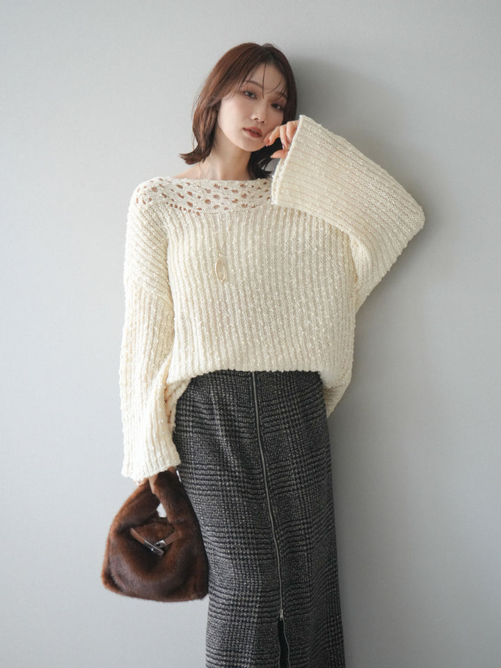 [予約]ボートネック透かし編みニットプルオーバー/white