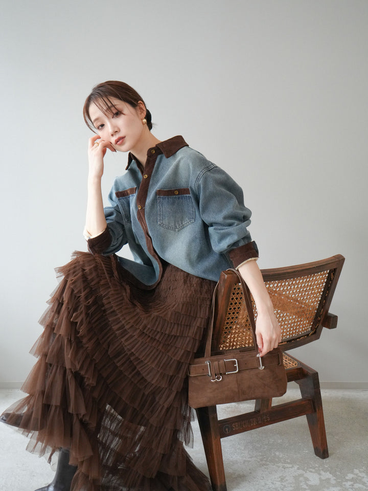 [予約]裏起毛コーデュロイ襟デニムシャツジャケット/ blue