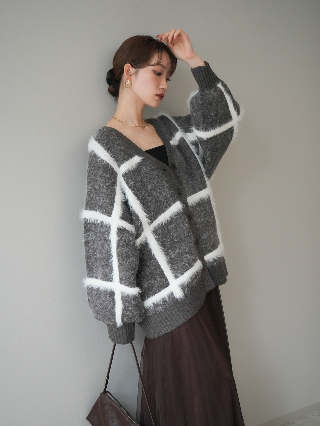 [予約]ミックスシャギーチェックカーディガン/brown