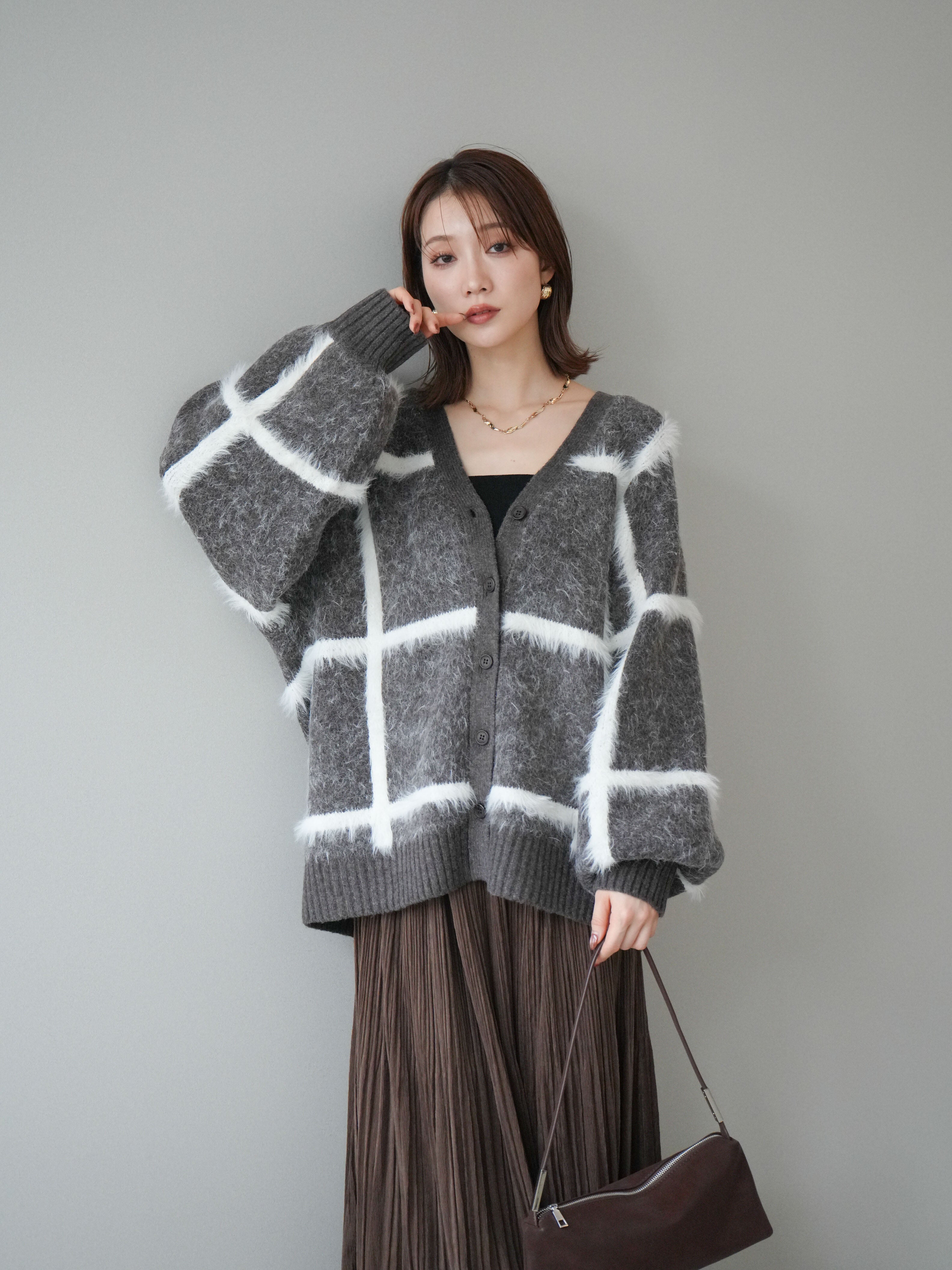 SET]ミックスシャギーチェックカーディガン+裾レーススウェード