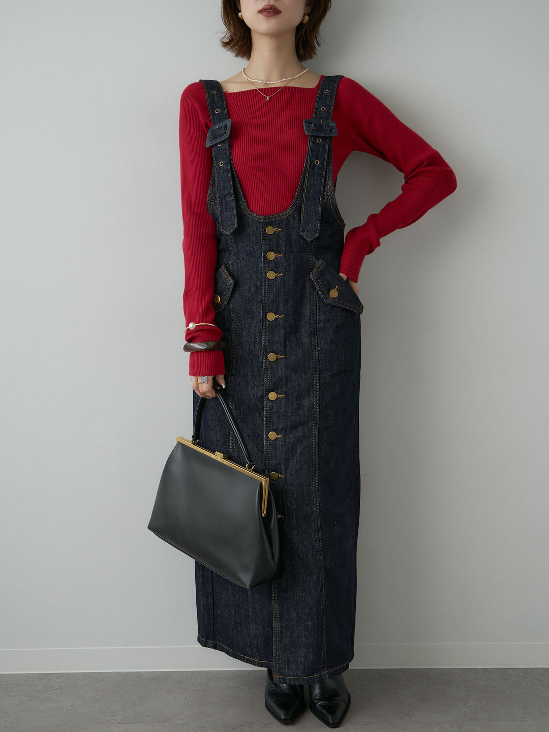 [予約]Iラインデニムジャンパースカート/blue