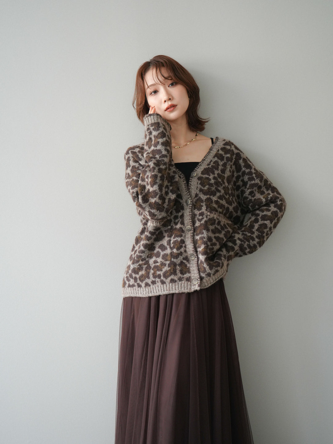 [予約]アニマル柄ステッチニットカーディガン/khaki