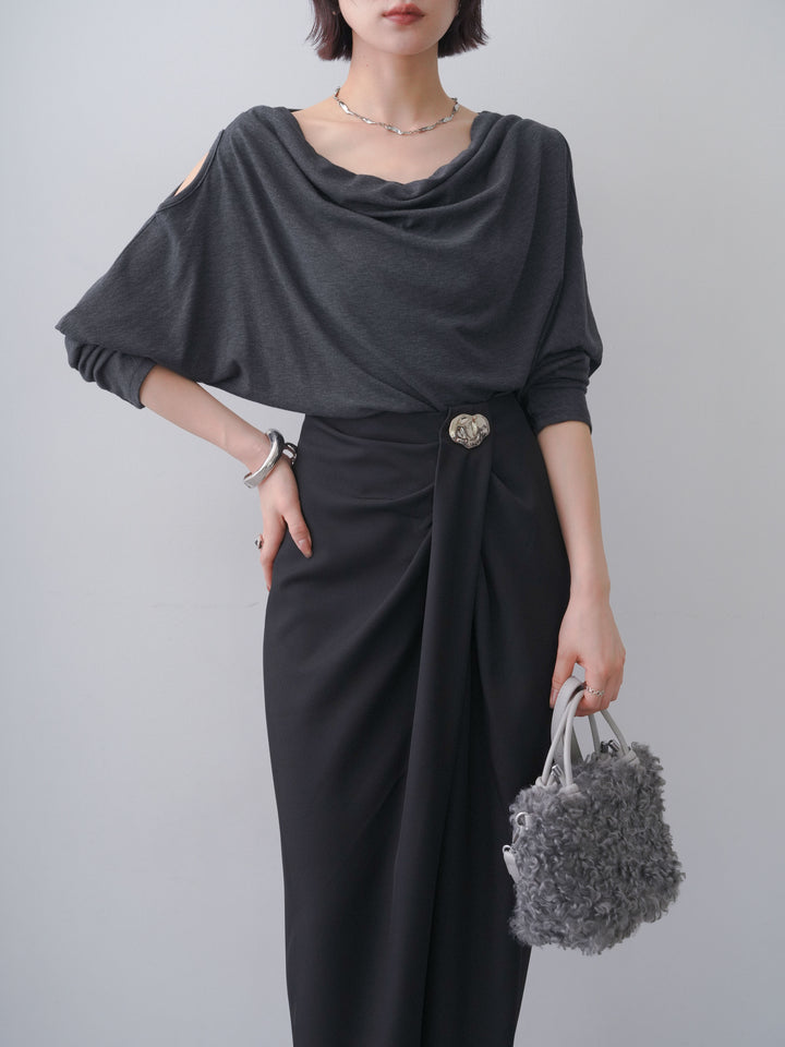 [予約]ショルダーオープンドレープネックカットソー/darkgray