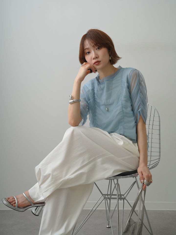 [予約]シアーレイヤードギャザー半袖トップス/blue