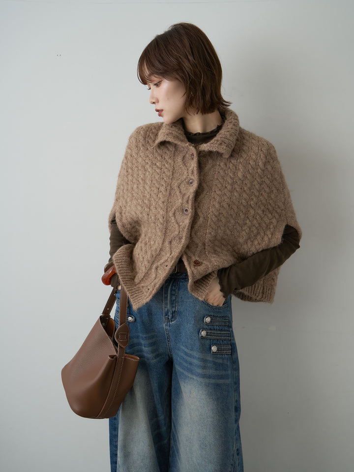 [予約]ケーブルケープニットトップス/brown