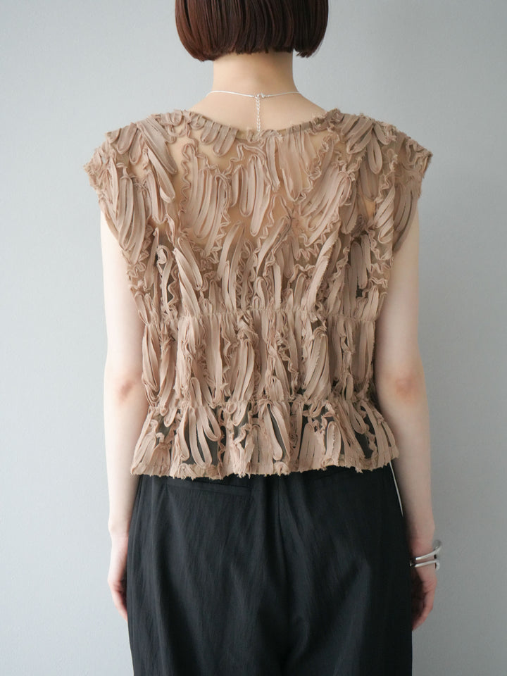 [予約]ジャガードレースリボントップス/ベージュ