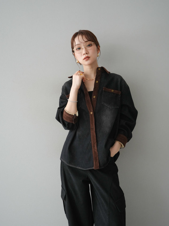 [予約]裏起毛コーデュロイ襟デニムシャツジャケット/black