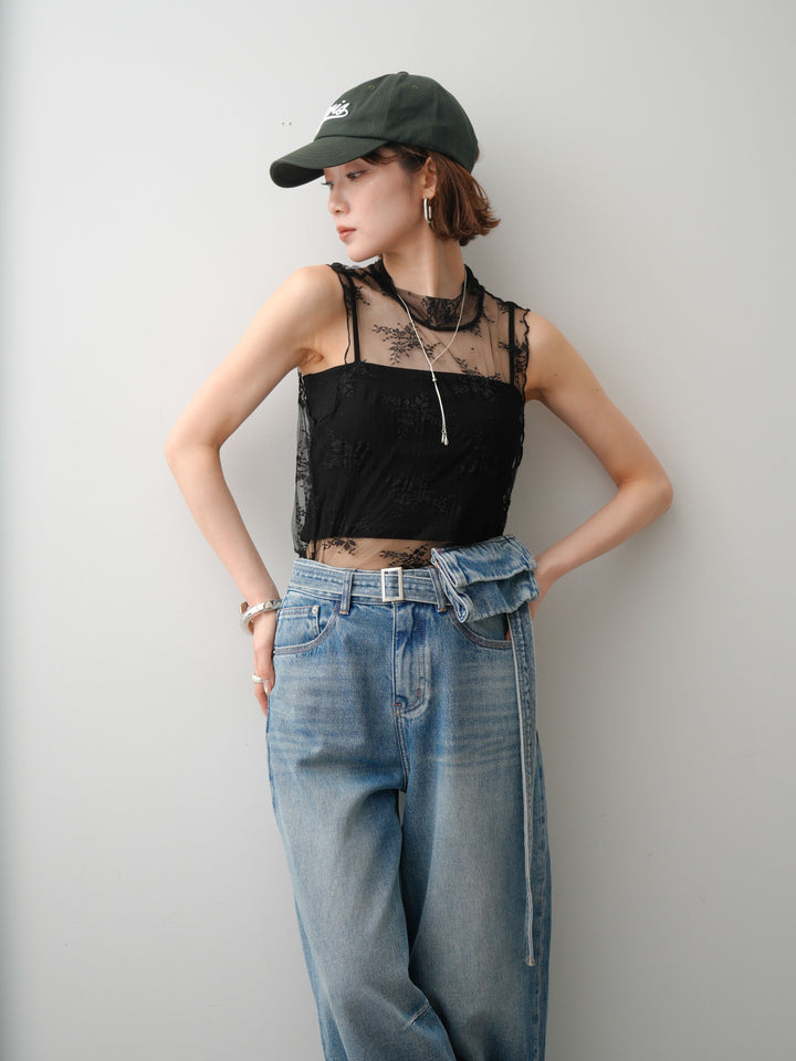 [予約]シースルーストレッチレースノースリトップス/black