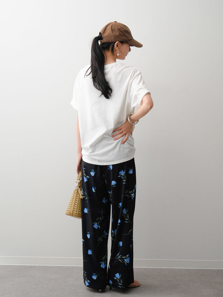 [SET]フラワーフォトTEE+フラワープリントドレープタックパンツ(2set)