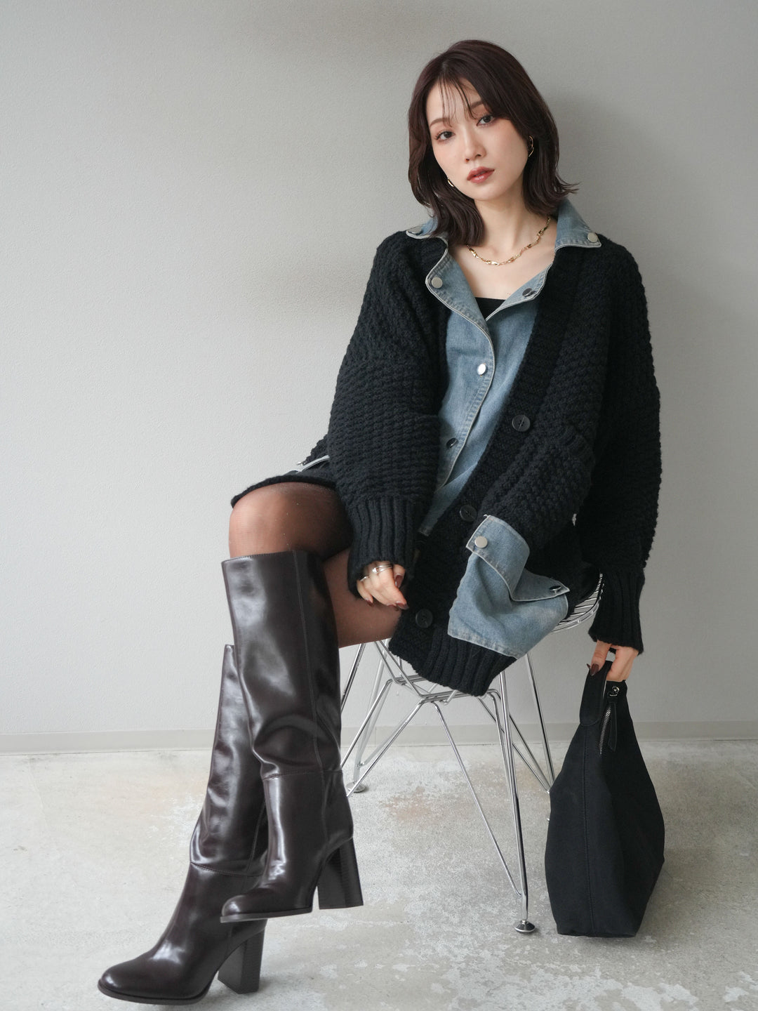 [予約]デニム襟レイヤードニットジャケット/black