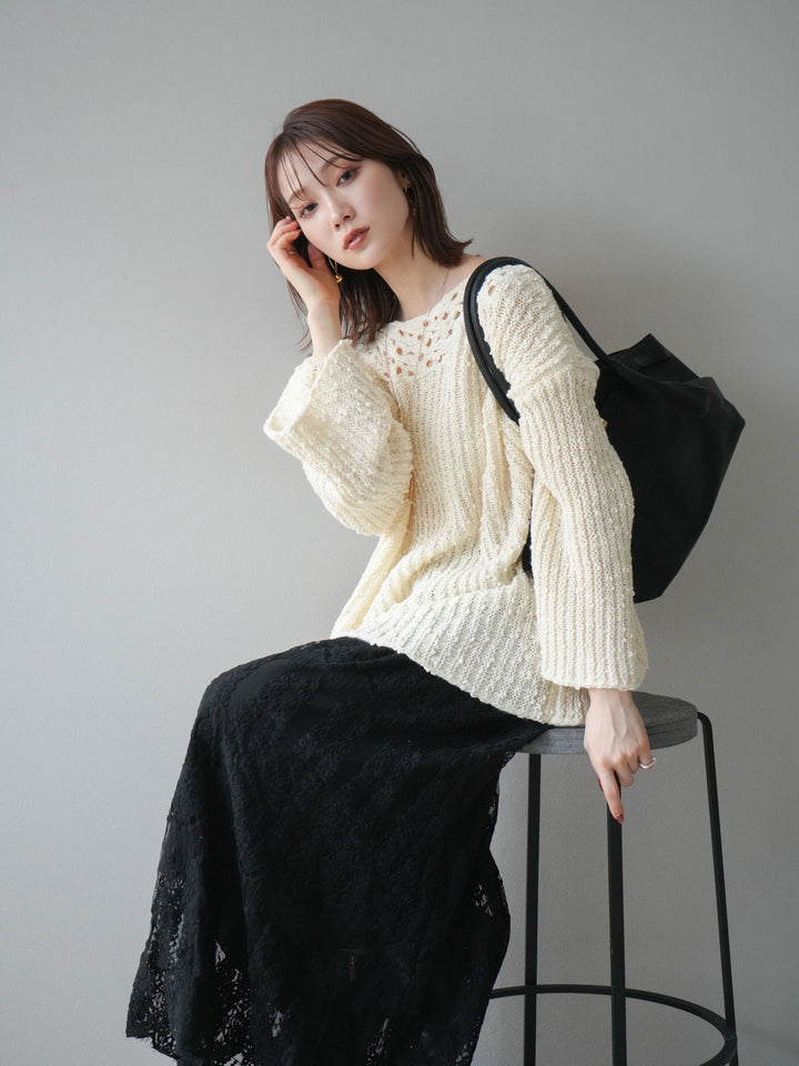 [予約]ボートネック透かし編みニットプルオーバー/white