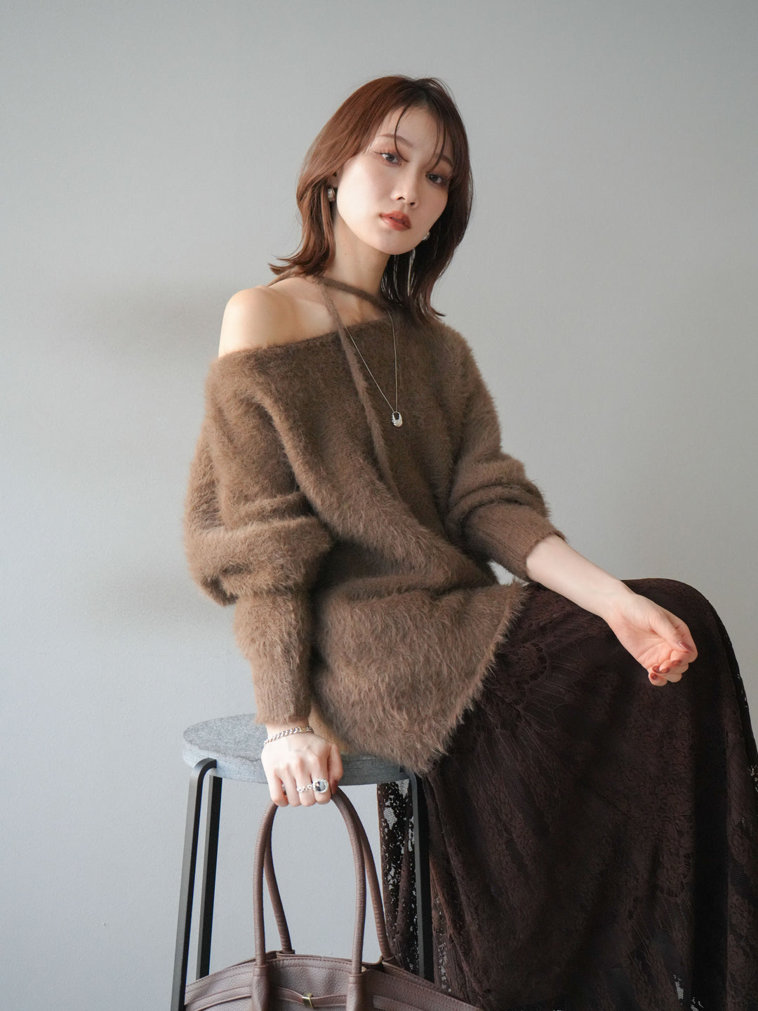 [予約]紐付きシャギーニットプルオーバー/camel