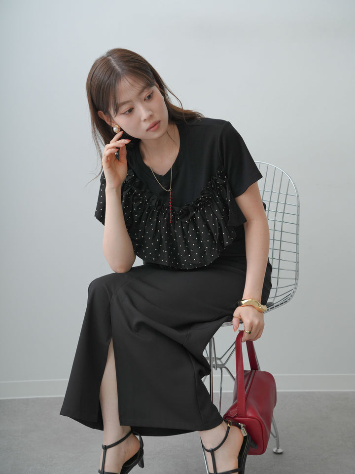 [SET]ドットギャザーフリルデザインTEE+クレープデシンフラップ付きストレートスカート(2set)