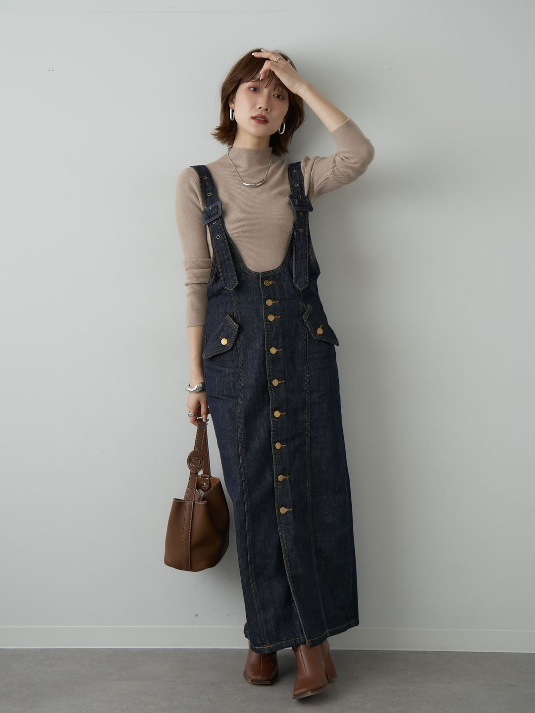 [SET]Iラインデニムジャンパースカート+選べるアクセセット(2set)