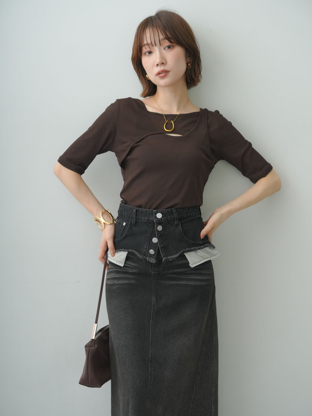 [予約]前後2wayシアーアシメレイヤード風TEE/brown