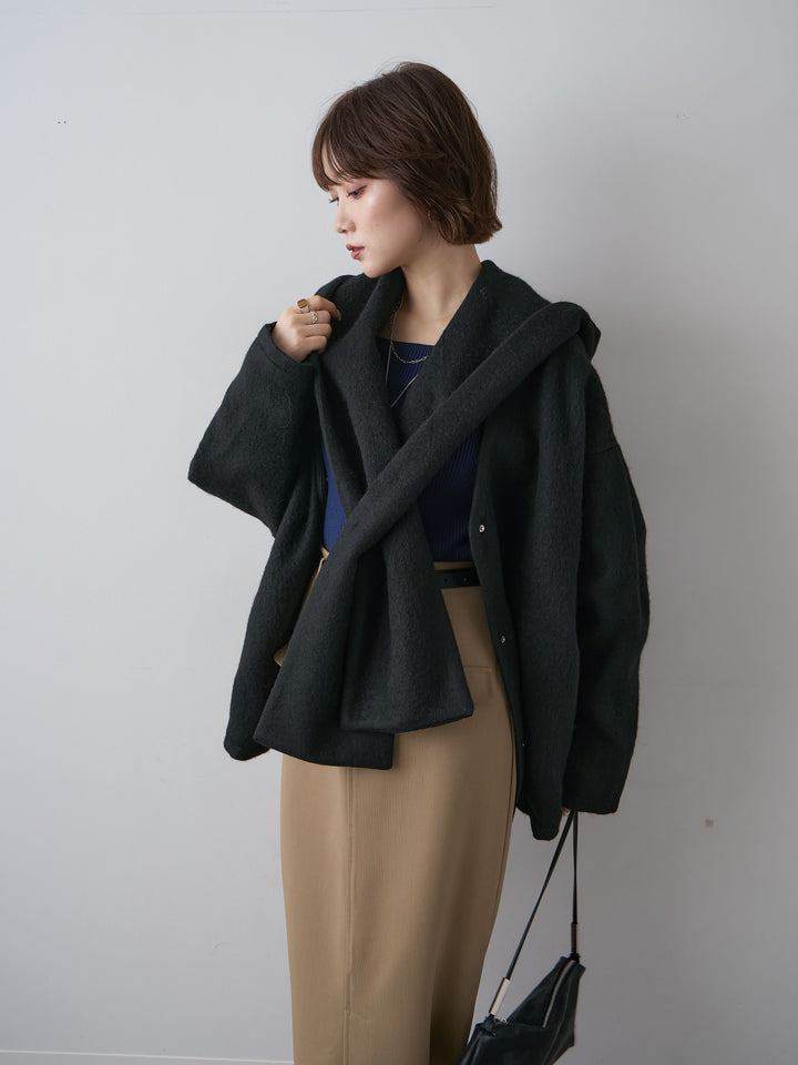 [SET]フードマフ付メランジコート+クレープデシンフラップ付きストレートスカート(2set)
