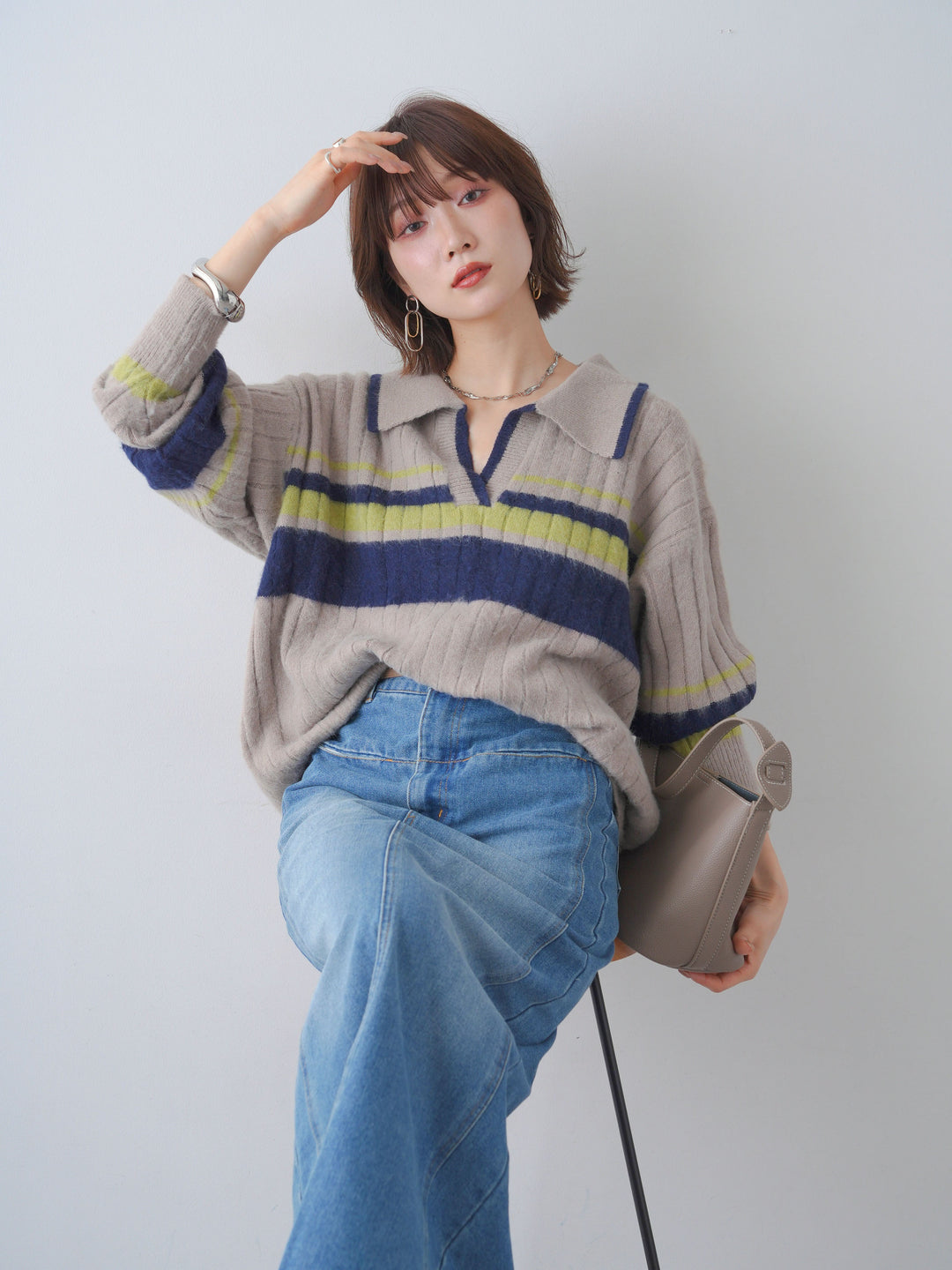 [予約]マルチボーダー起毛スキッパーニットトップス/greige