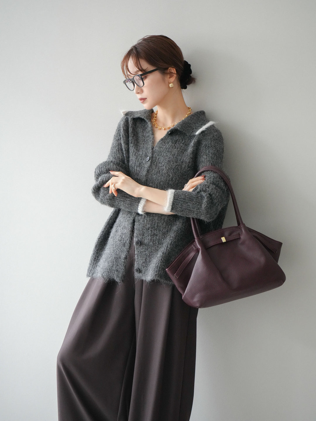 [予約]襟付きバイカラーミックスニットカーディガン/gray