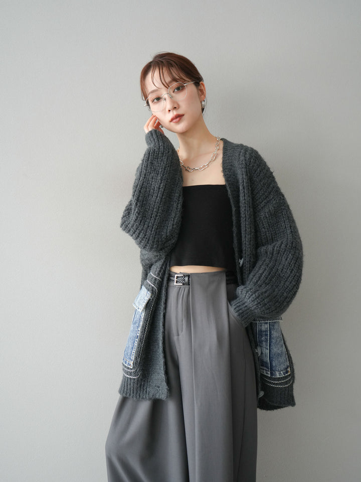 [予約]デニムポケットハンドステッチカーディガン/gray