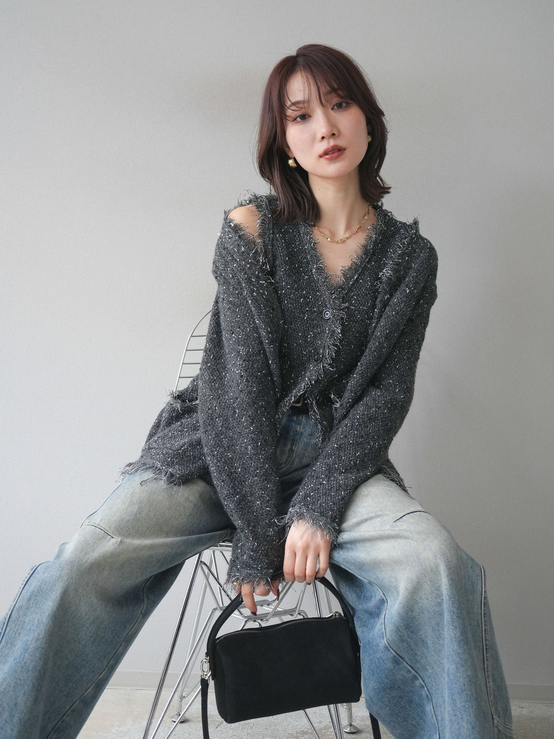 [予約]ネップフリンジニットカーディガン/ gray