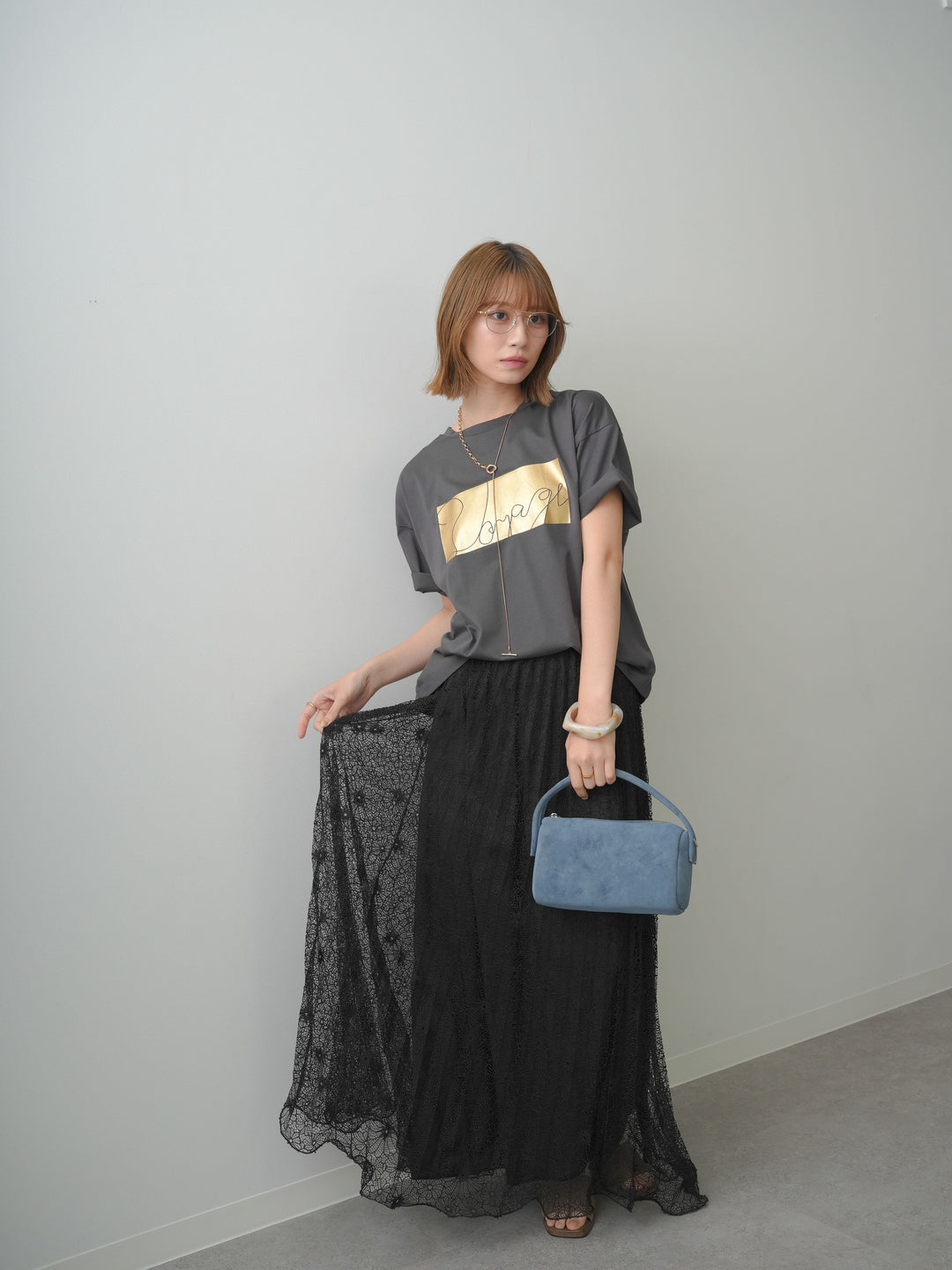 [SET]箔プリントボックスTEE+フローラルレースプリーツスカート(2set)