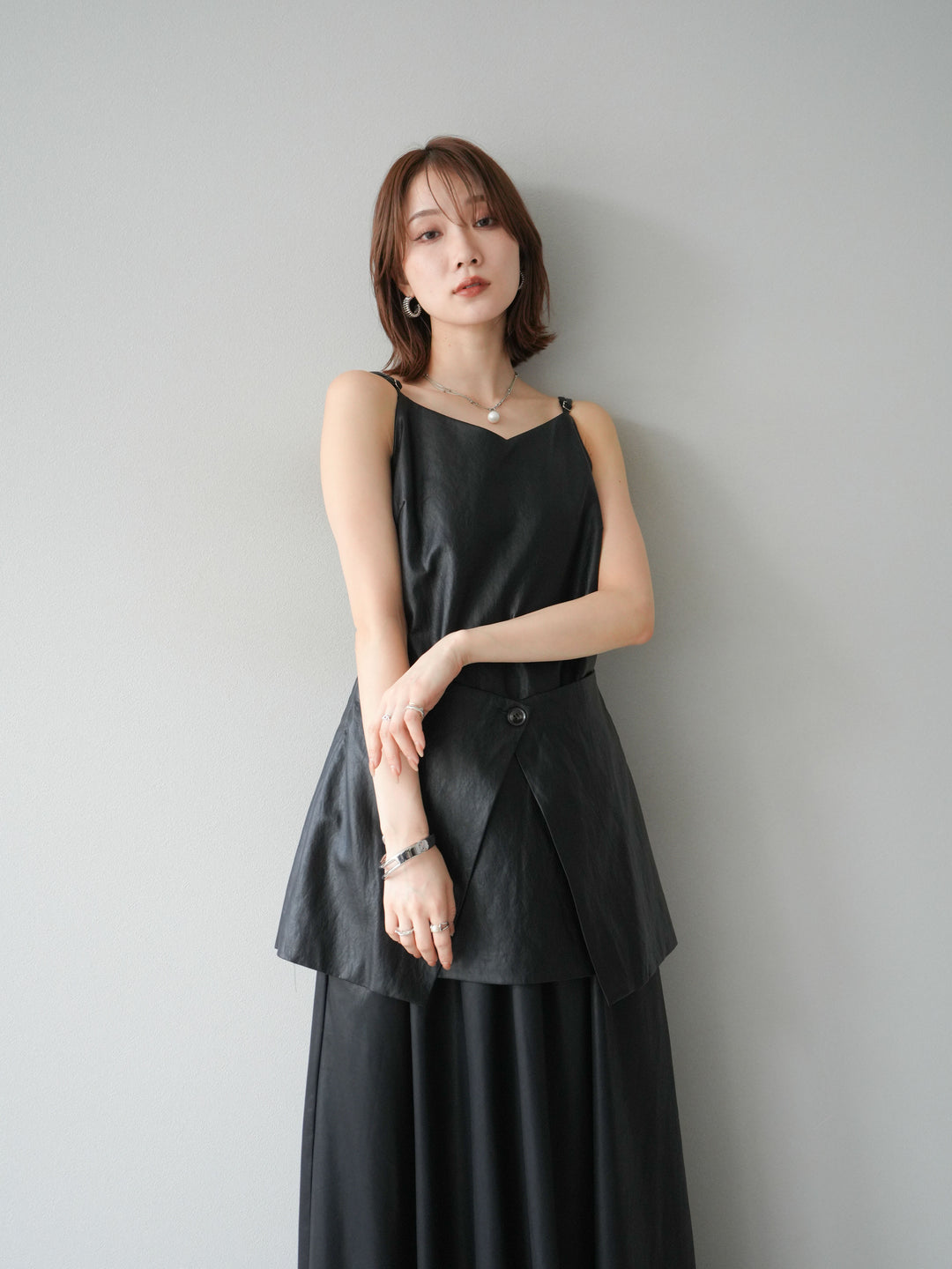 [予約]レイヤードレザーキャミソールチュニック/ブラック