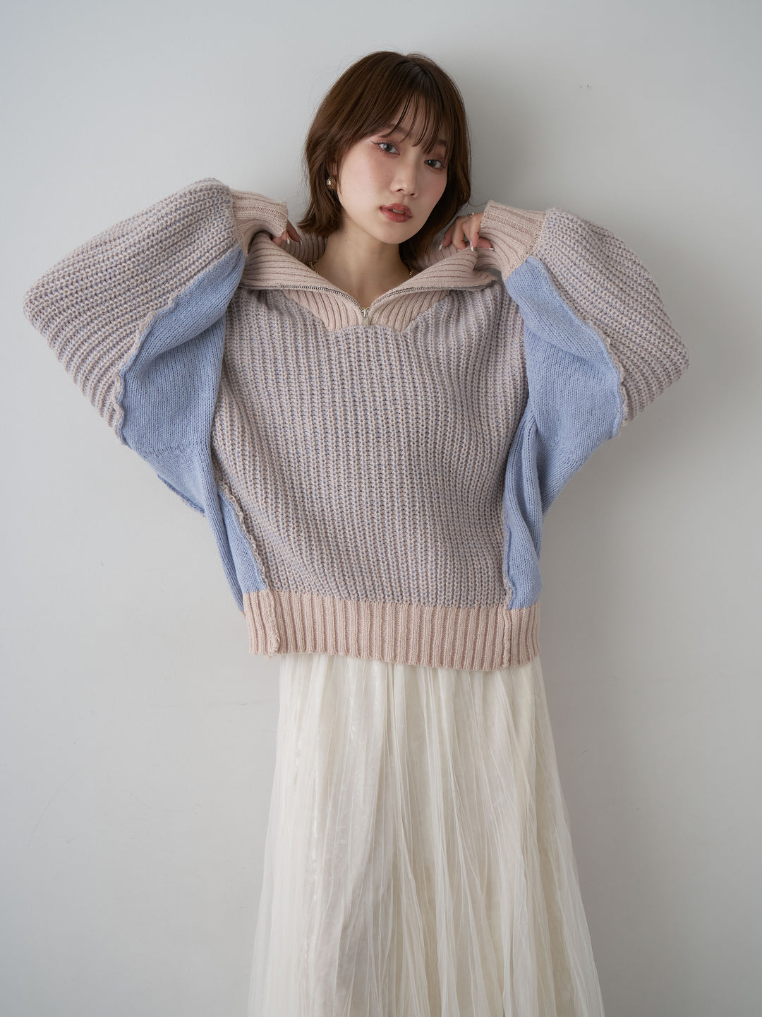 [予約]バイカラーハーフジップリブニットトップス/beige