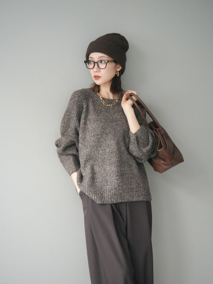 [予約]クルーネック畦編みミックスニット/brown