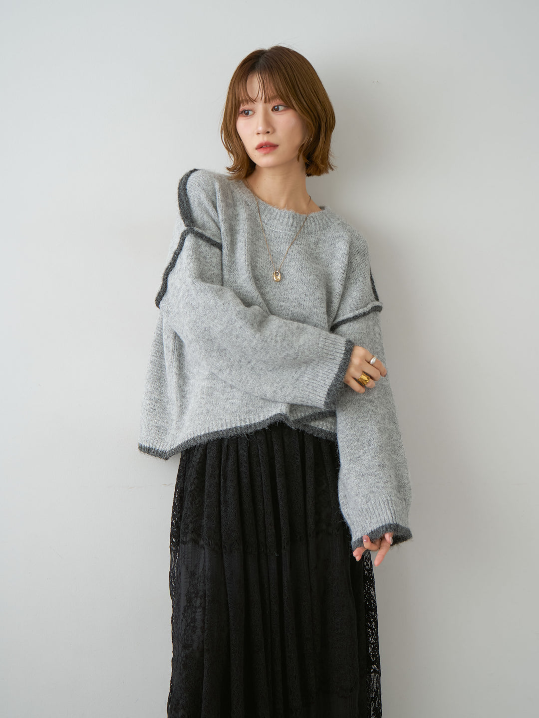 [予約]配色ラインデザインヘムニットプルオーバー/lightgray