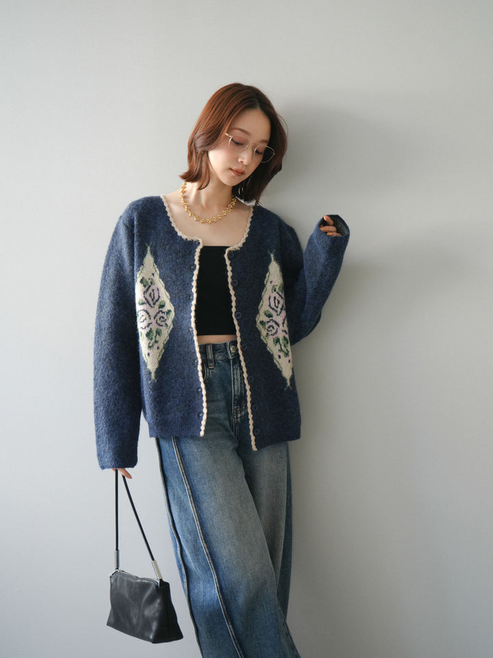 [予約]アンティークフラワージャガードニットカーディガン/navy