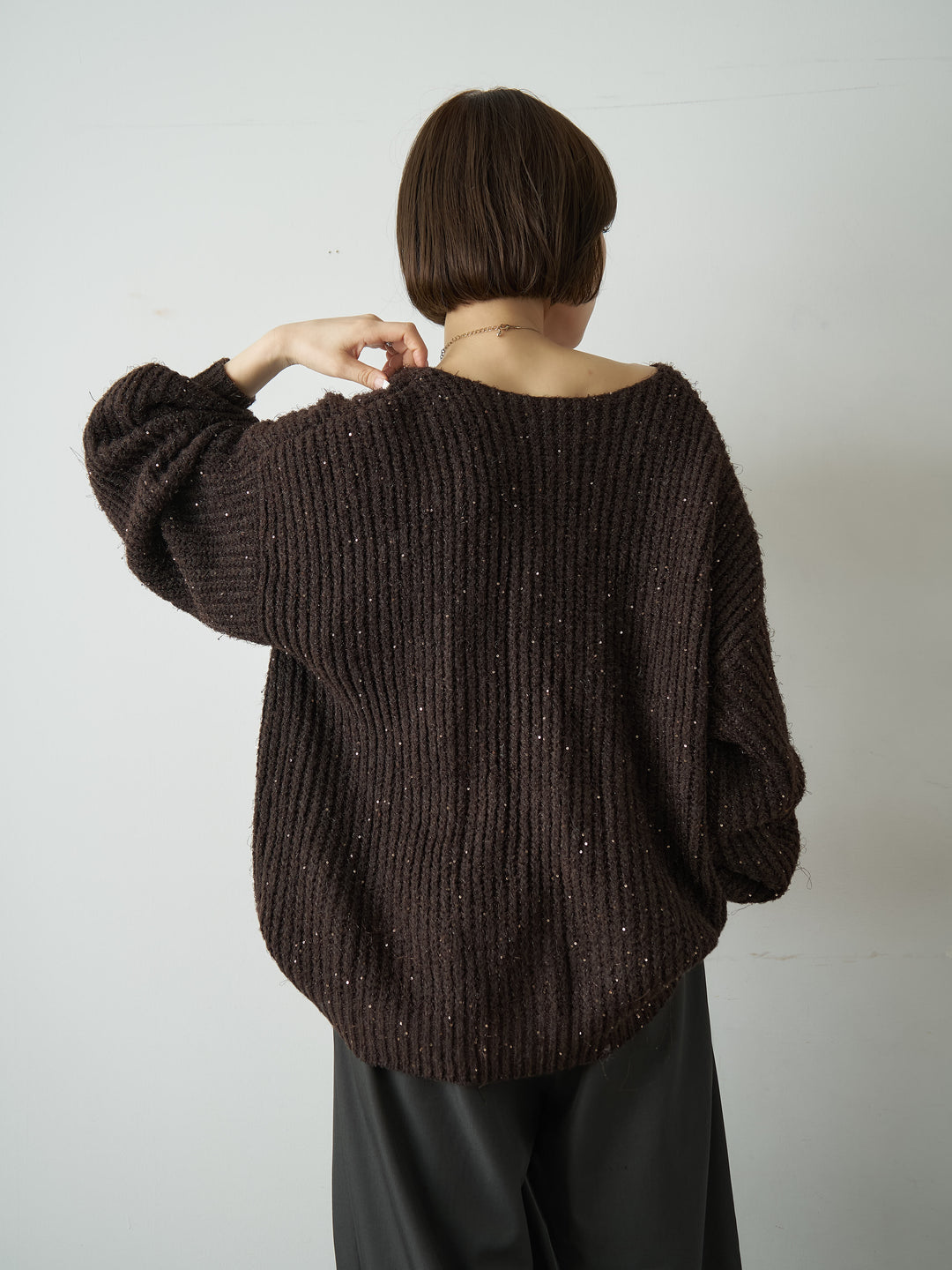[予約]バルーンスリーブスパンリブニットトップス/brown