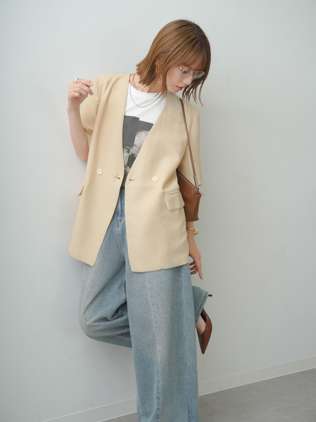 [予約]ストライプタイショルダーパッドハーフジャケット/beige
