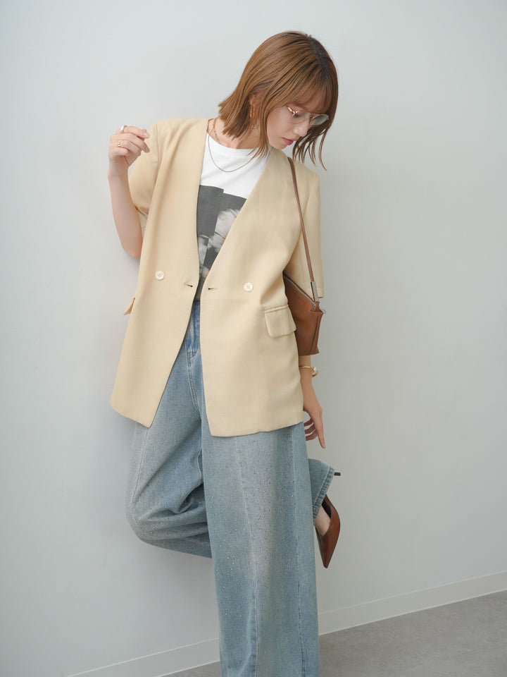 [予約]ストライプタイショルダーパッドハーフジャケット/beige