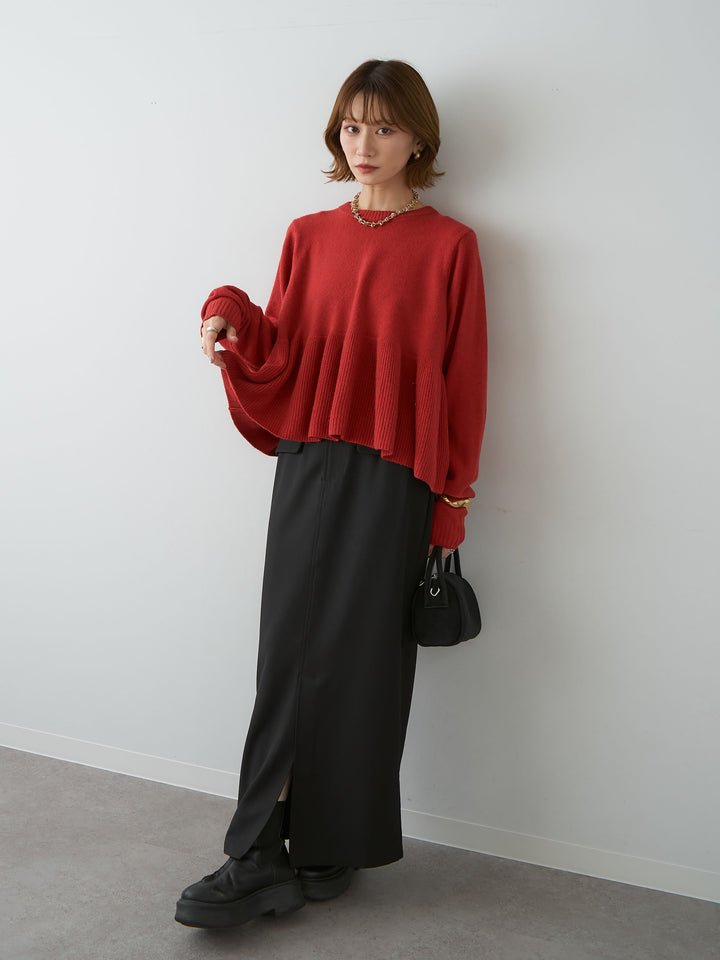 [SET]ペプラムニットプルオーバー+クレープデシンフラップ付きストレートスカート(2set)