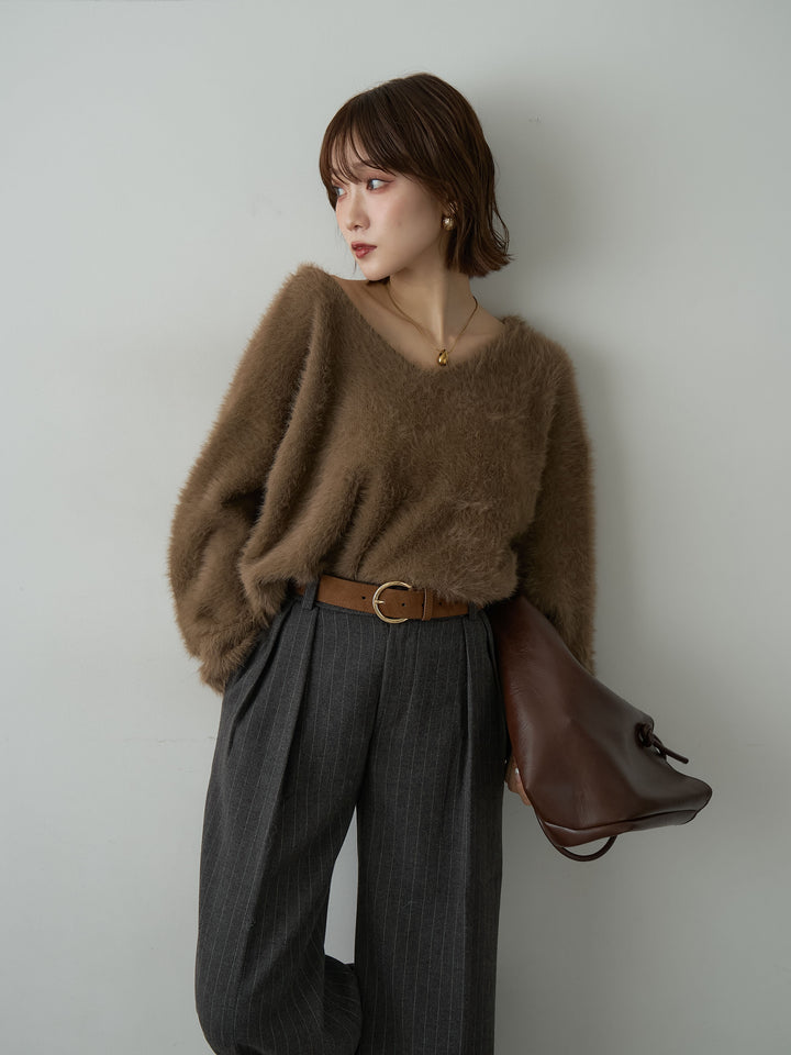 [予約]バックリボンVネックシャギーニットトップス/brown
