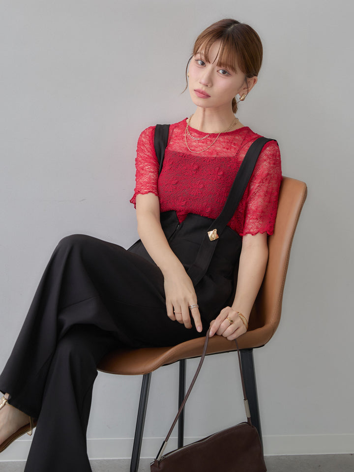 [予約]フラワーモチーフレーストップス/red