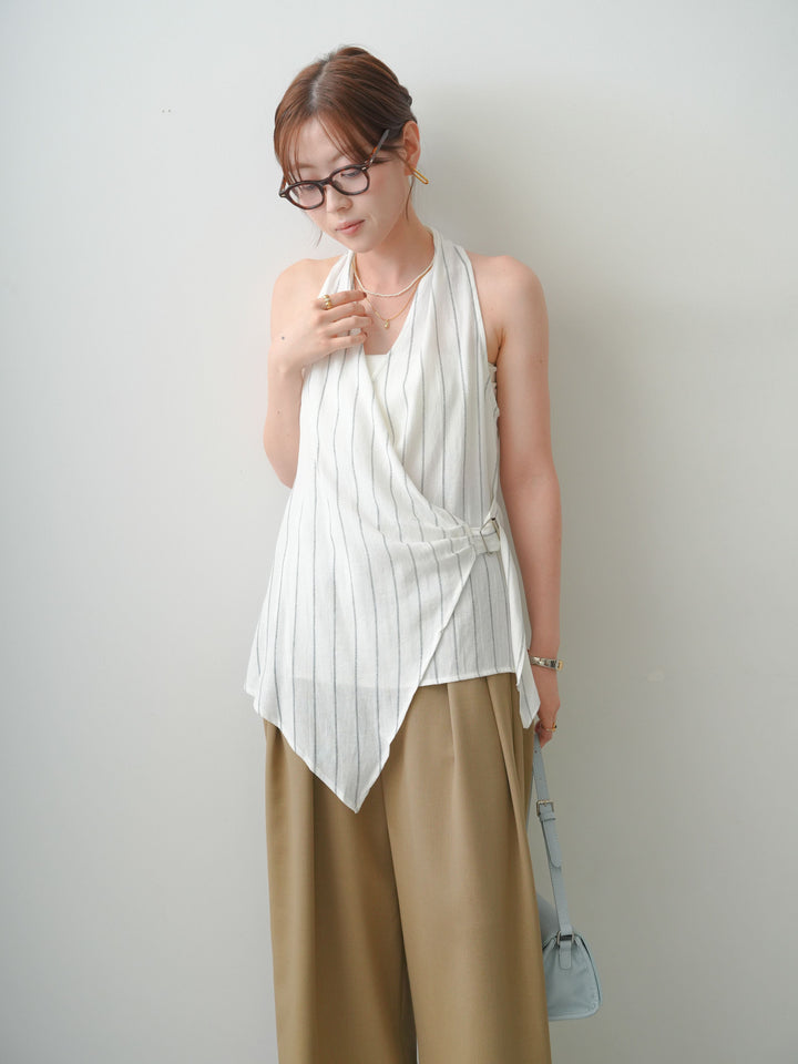 [SET]ストライプカシュクールジレ+クレープデシンタックワイドパンツ(2set)