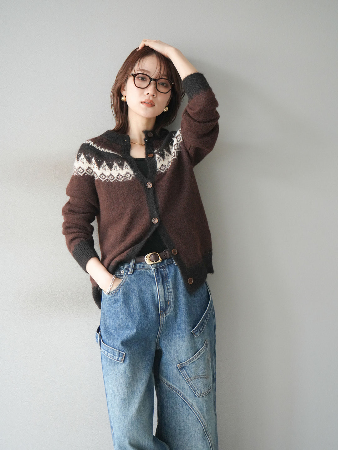 [SET]ノルディック柄ニットカーディガン+ペインターカーブデニムパンツ(2set)