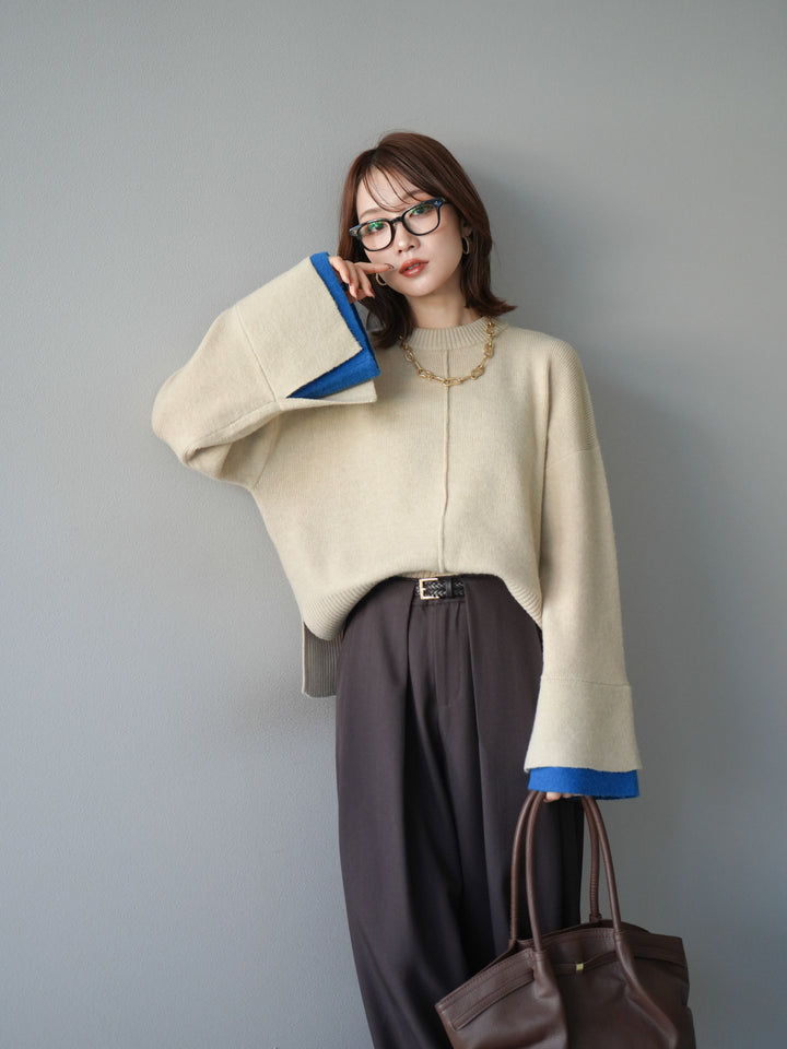 [予約]袖レイヤード配色ニットプルオーバー/ivory