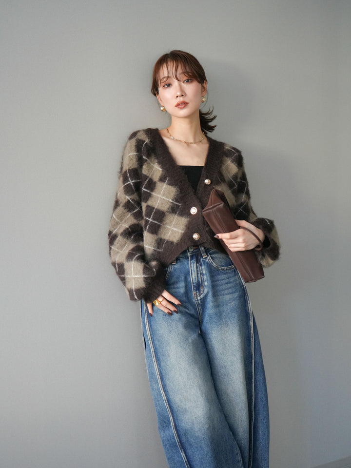 [予約]アーガイルシャギーニットカーディガン/brown